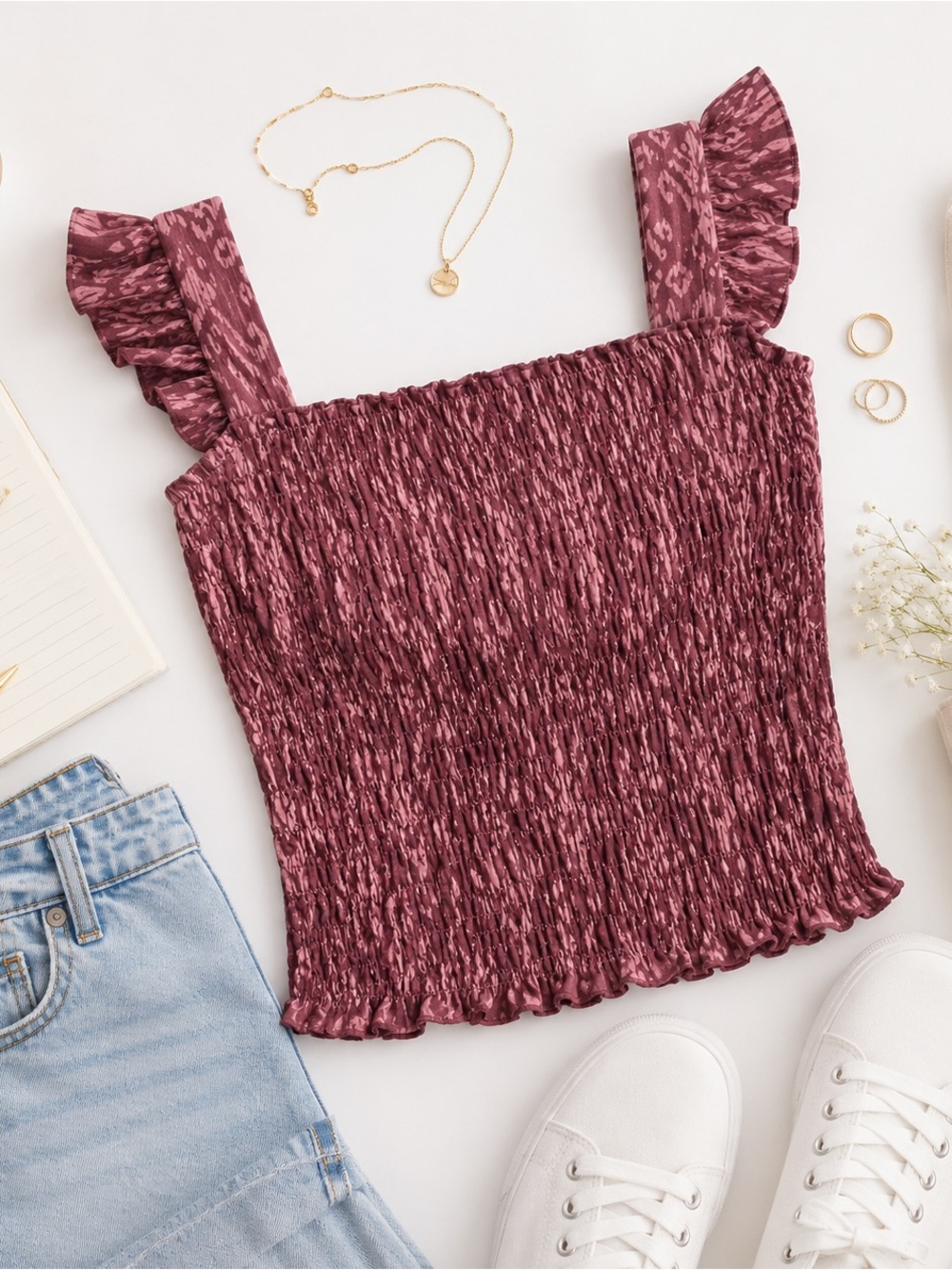 NWOT H&M Divided Smocked Ruffle Crop Top Pink Burgundy Size M